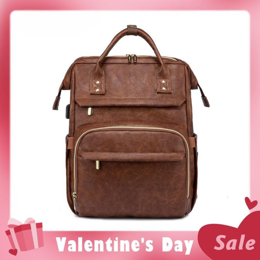 Leather Laptop Backpack with USB Port for Women